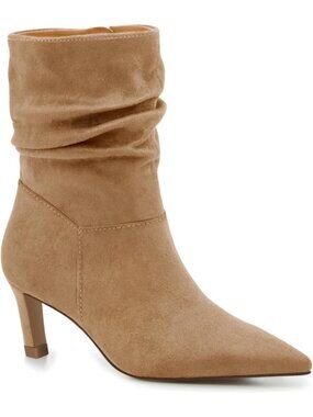 Women's Light Brown Slouch Ankle Boots Kitten Low Heels Pointed Toe Zip Booties